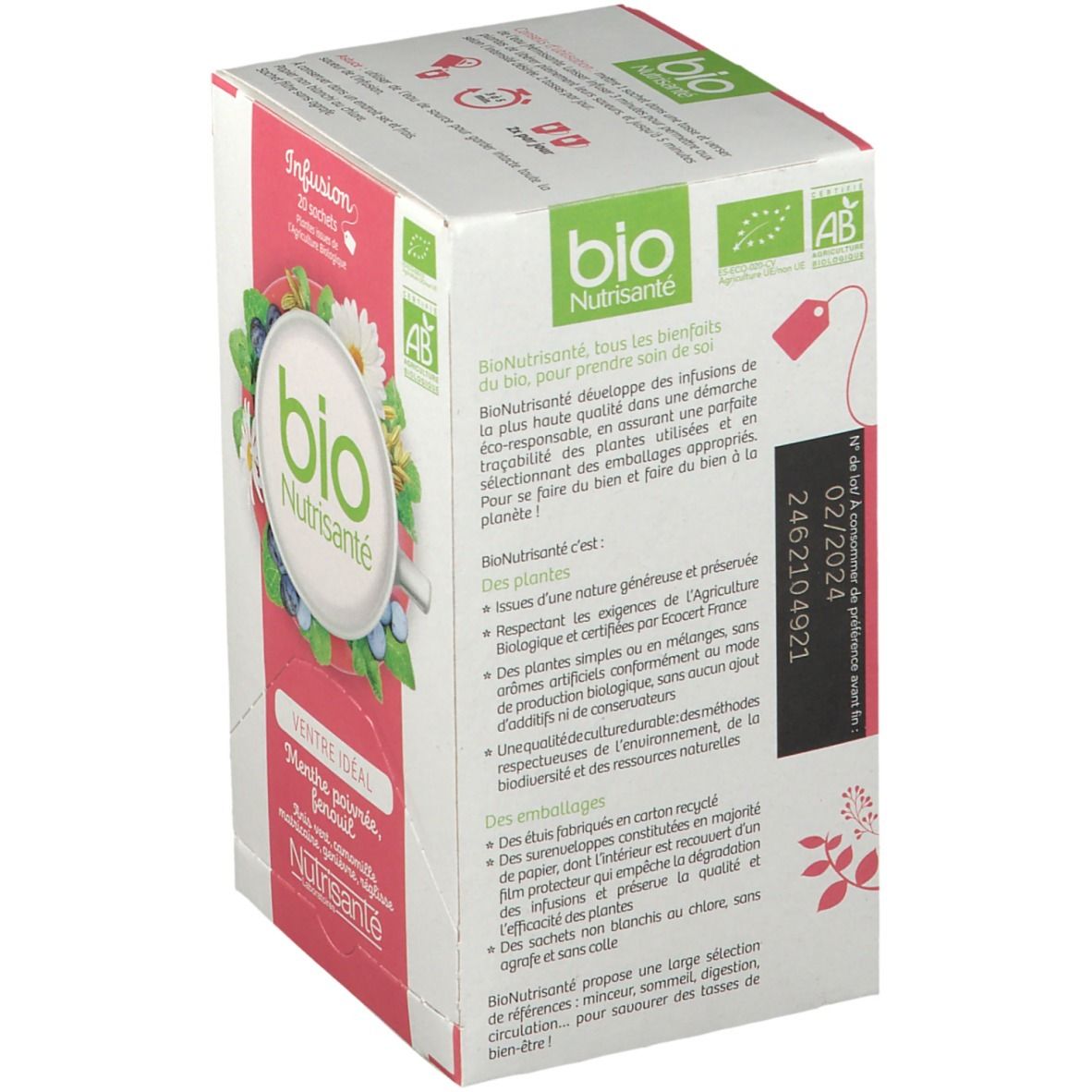 Boîte blanche, dos. Texte sur les infusions bio. Label AB bio. Date de péremption.