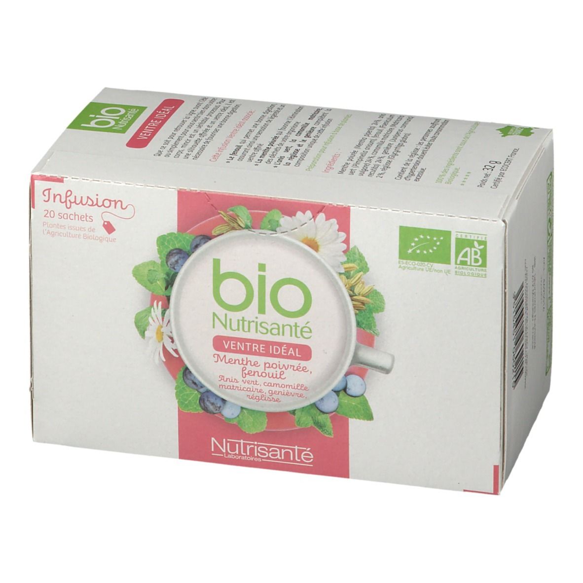 Boîte blanche avec inscription "bio Nutrisanté Ventre idéal" et 20 sachets. Label AB bio.