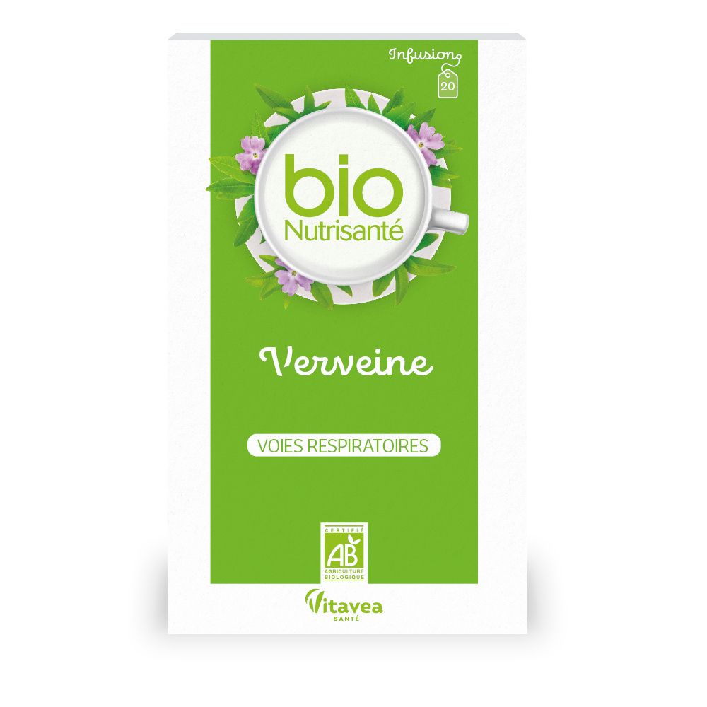 Boîte de thé Bio Nutrisanté Verveine Relaxation. Design vert et blanc avec logo et certification AB. 20 sachets.