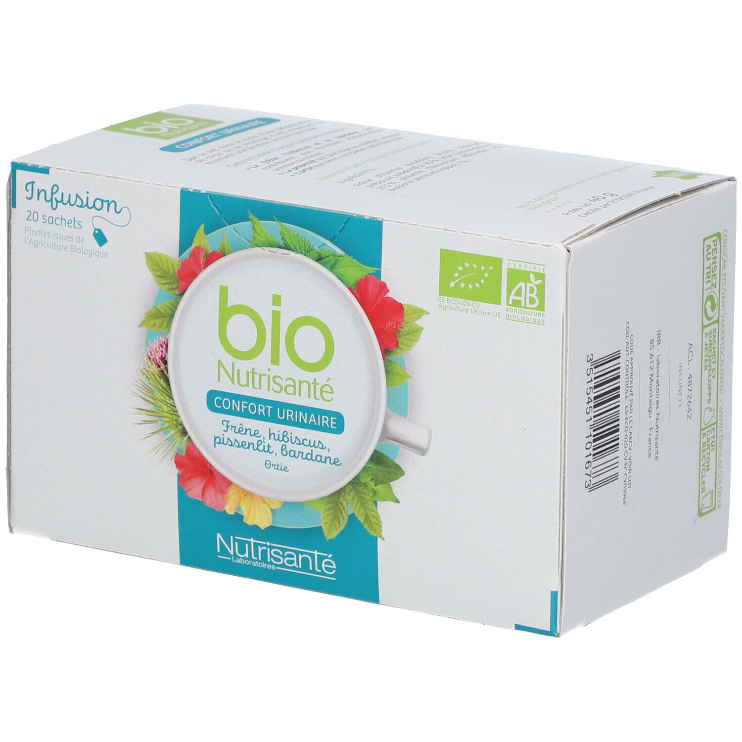 Boîte de thé aux herbes. Inscription: Bio, Confort Urinaire, Nutrisanté. Avec label AB.