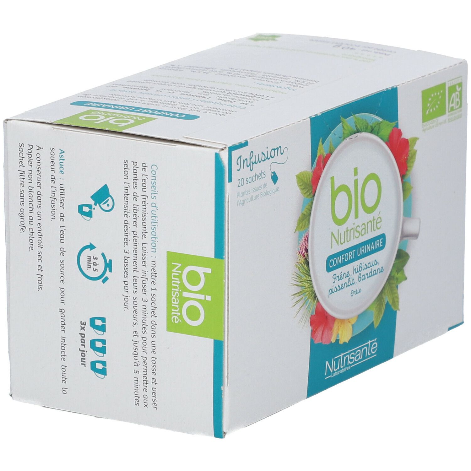 Boîte de thé aux herbes. Inscription: Bio, Confort Urinaire, Nutrisanté. Avec label AB. Mode d'emploi.