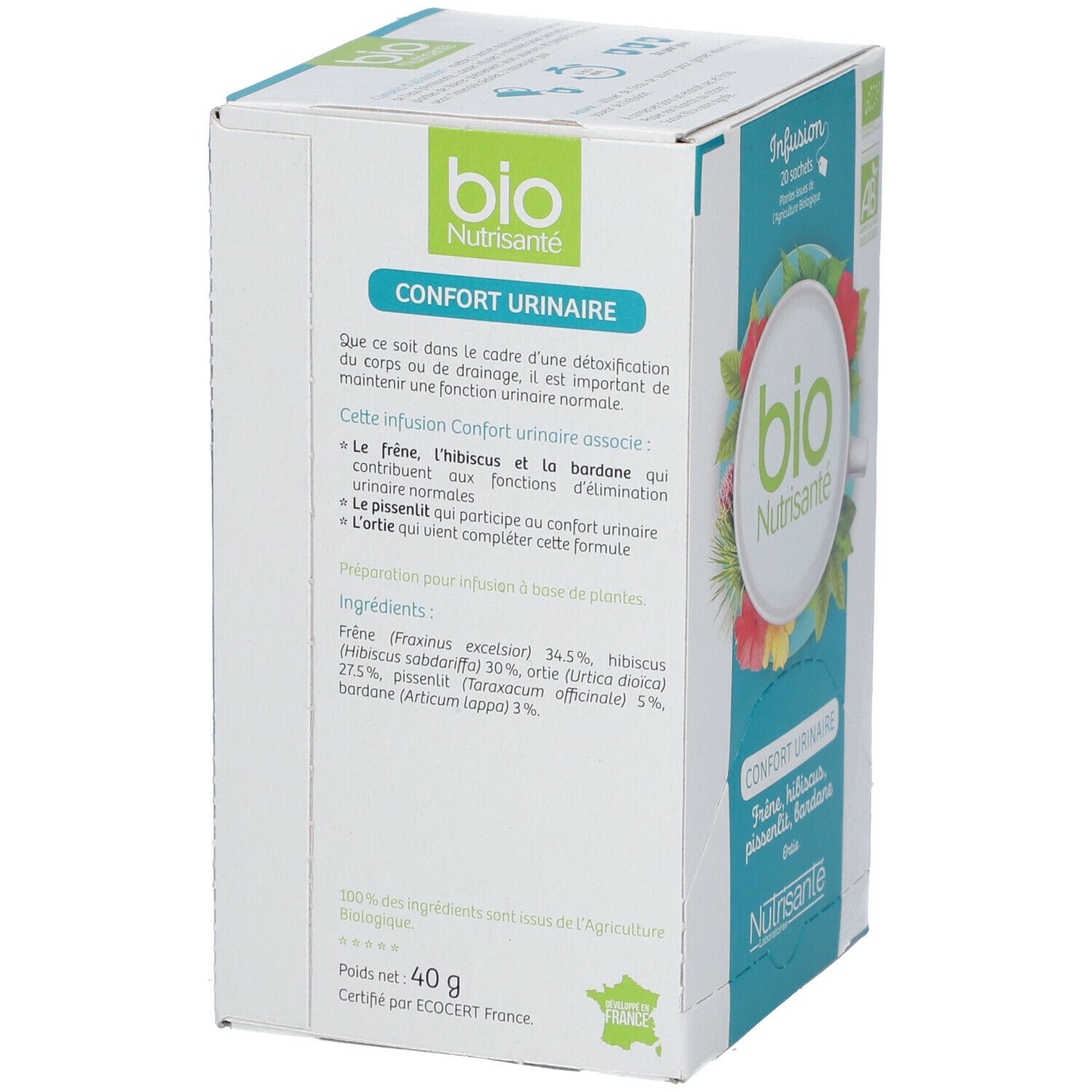 Boîte de thé aux herbes. Inscription: Bio, Confort Urinaire, Nutrisanté. Avec label AB. Liste des ingrédients.