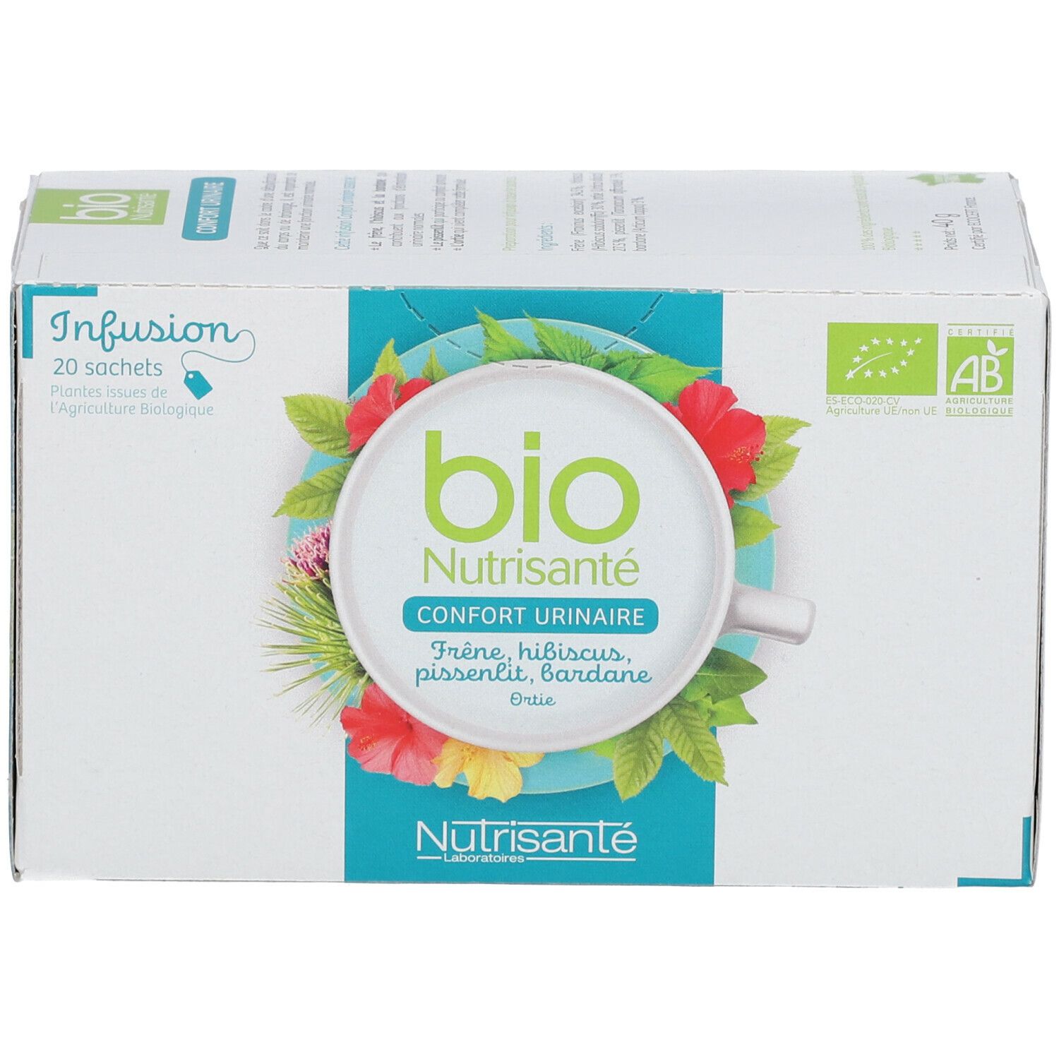 Boîte de thé aux herbes. Inscription: Bio, Confort Urinaire, Nutrisanté. Avec label AB. 20 sachets.