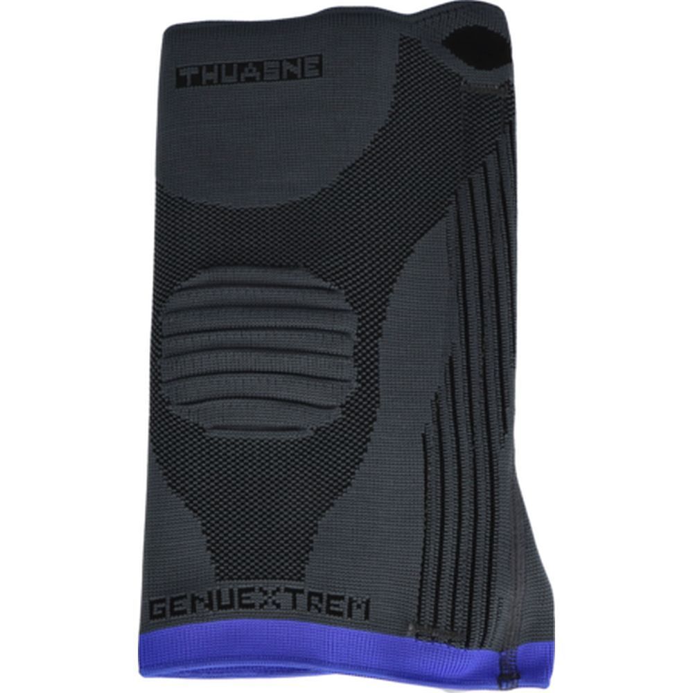 Genouillère THUASNE GenuExtrem grise et noire, bordure bleue. Caractéristiques visibles du produit.