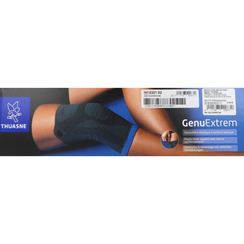 Emballage de la genouillère GenuExtrem. Produit sur jambe. Marque THUASNE, nom du produit GenuExtrem.