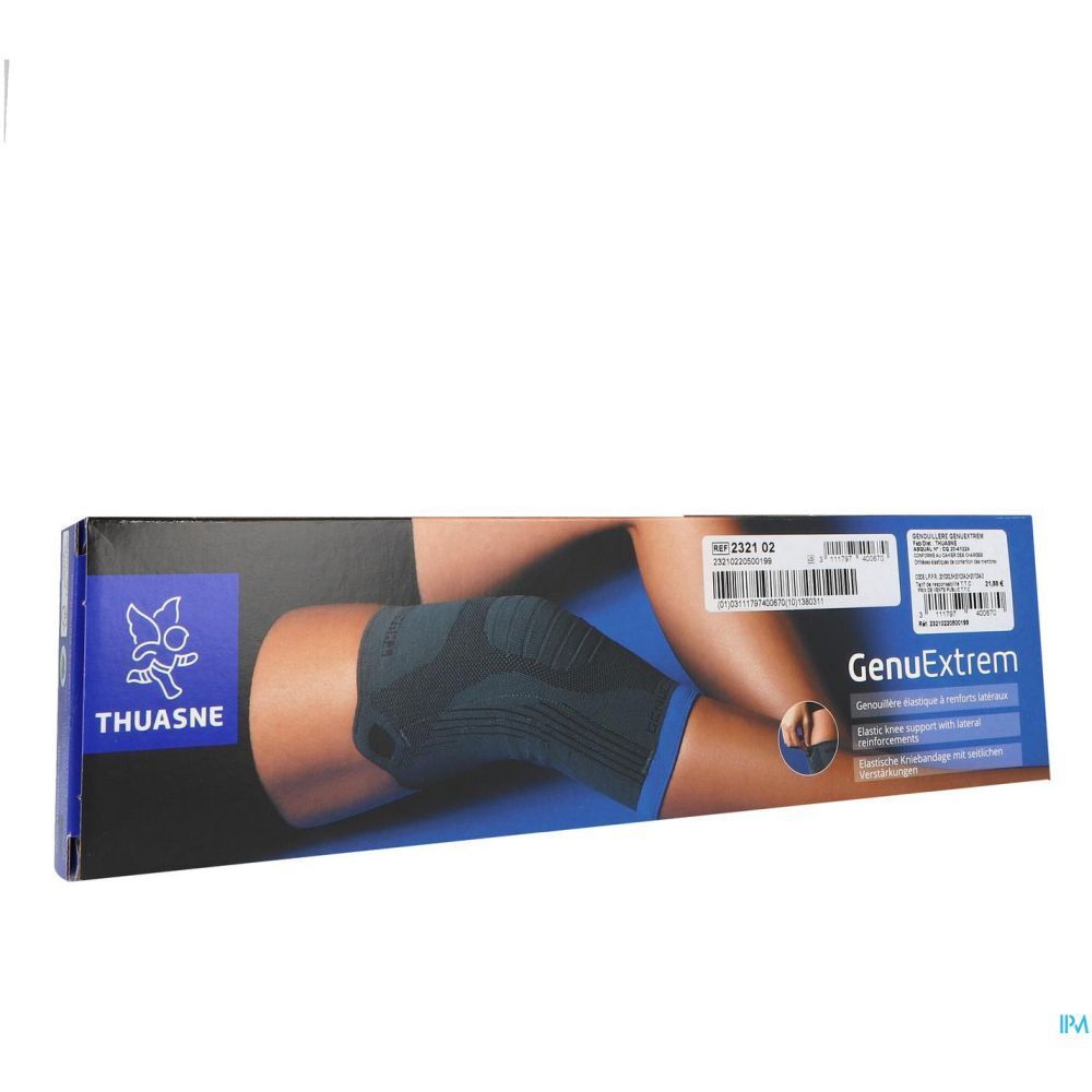 Emballage de la genouillère GenuExtrem. Produit sur jambe. Marque THUASNE, nom du produit GenuExtrem.
