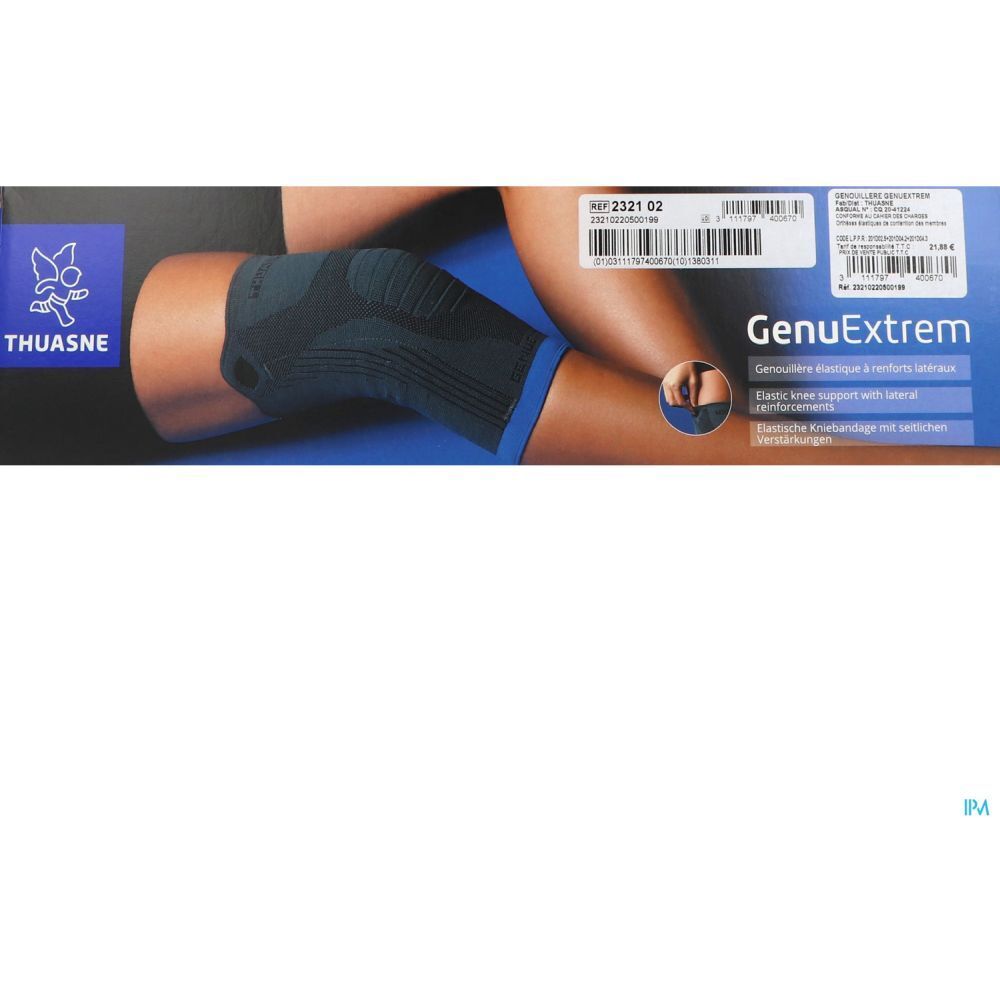 Emballage de la genouillère GenuExtrem. Produit sur jambe. Marque THUASNE, nom du produit GenuExtrem.