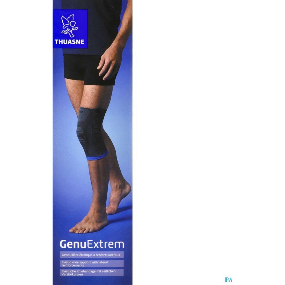 Genouillère GenuExtrem sur une jambe. Marque THUASNE, nom du produit GenuExtrem. Emballage en arrière-plan.