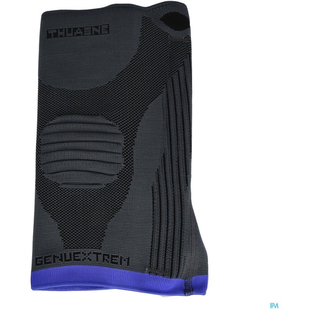 Genouillère THUASNE GenuExtrem grise et noire, bordure bleue. Caractéristiques visibles du produit.