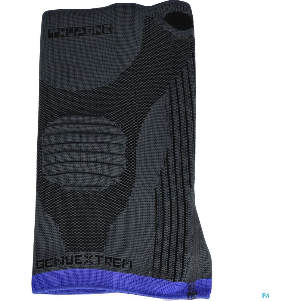 Genouillère THUASNE GenuExtrem grise et noire, bordure bleue. Caractéristiques visibles du produit.