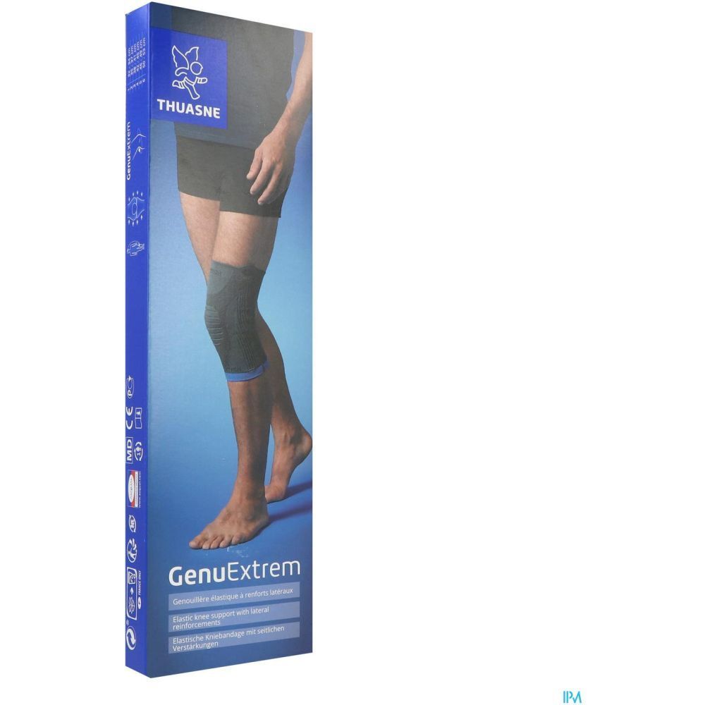 Genouillère THUASNE GenuExtrem sur la jambe d'un homme. Emballage avec nom et logo du produit.