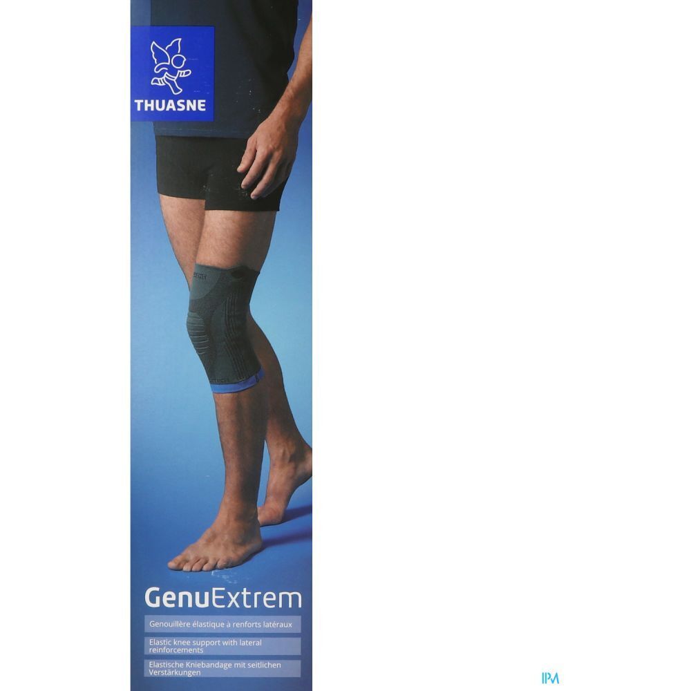 Genouillère THUASNE GenuExtrem sur la jambe d'un homme. Emballage avec nom et logo du produit.