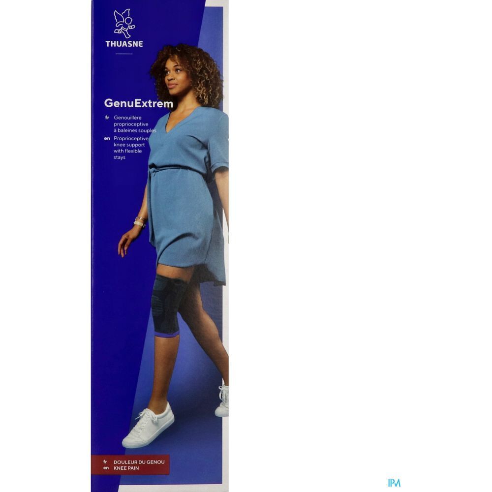 Genouillère THUASNE GenuExtrem sur la jambe d'une femme. Emballage avec nom et logo du produit, femme marchant.