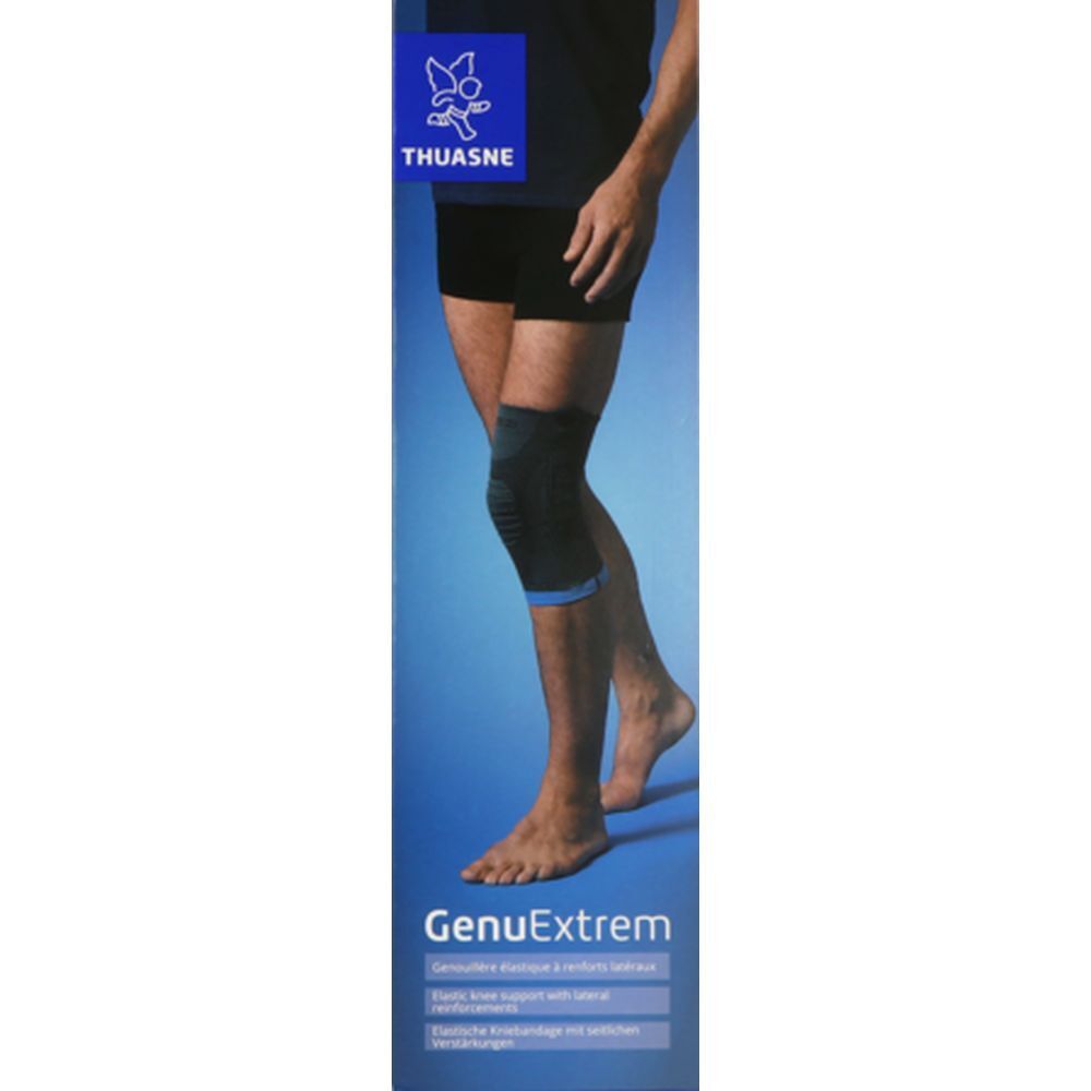 Genouillère THUASNE GenuExtrem Taille 3, portée par un homme. Couleurs bleu et noir. Emballage avec nom du produit et logo.
