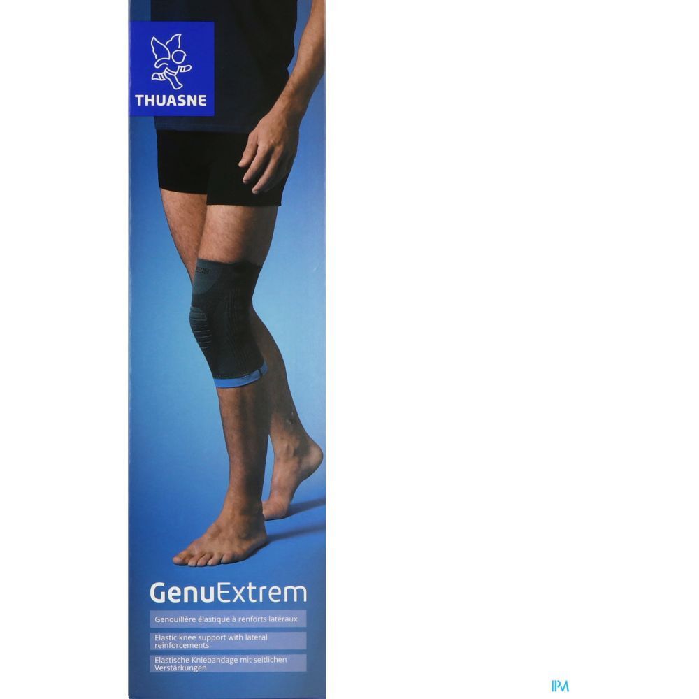 Genouillère THUASNE GenuExtrem Taille 3, portée par un homme. Couleurs bleu et noir. Emballage avec nom du produit et logo.