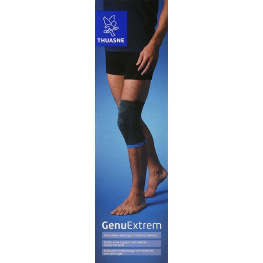 Emballage THUASNE GenuExtrem. Genouillère sur une jambe. Inscriptions GenuExtrem et THUASNE. Tons bleus et gris.
