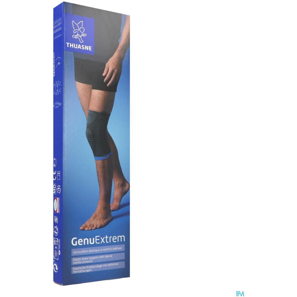 Emballage THUASNE GenuExtrem. Genouillère sur une jambe. Inscriptions GenuExtrem et THUASNE. Tons bleus et gris.