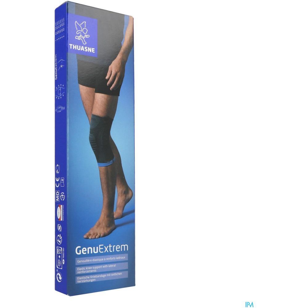 Emballage THUASNE GenuExtrem. Genouillère sur une jambe. Inscriptions GenuExtrem et THUASNE. Tons bleus et gris.