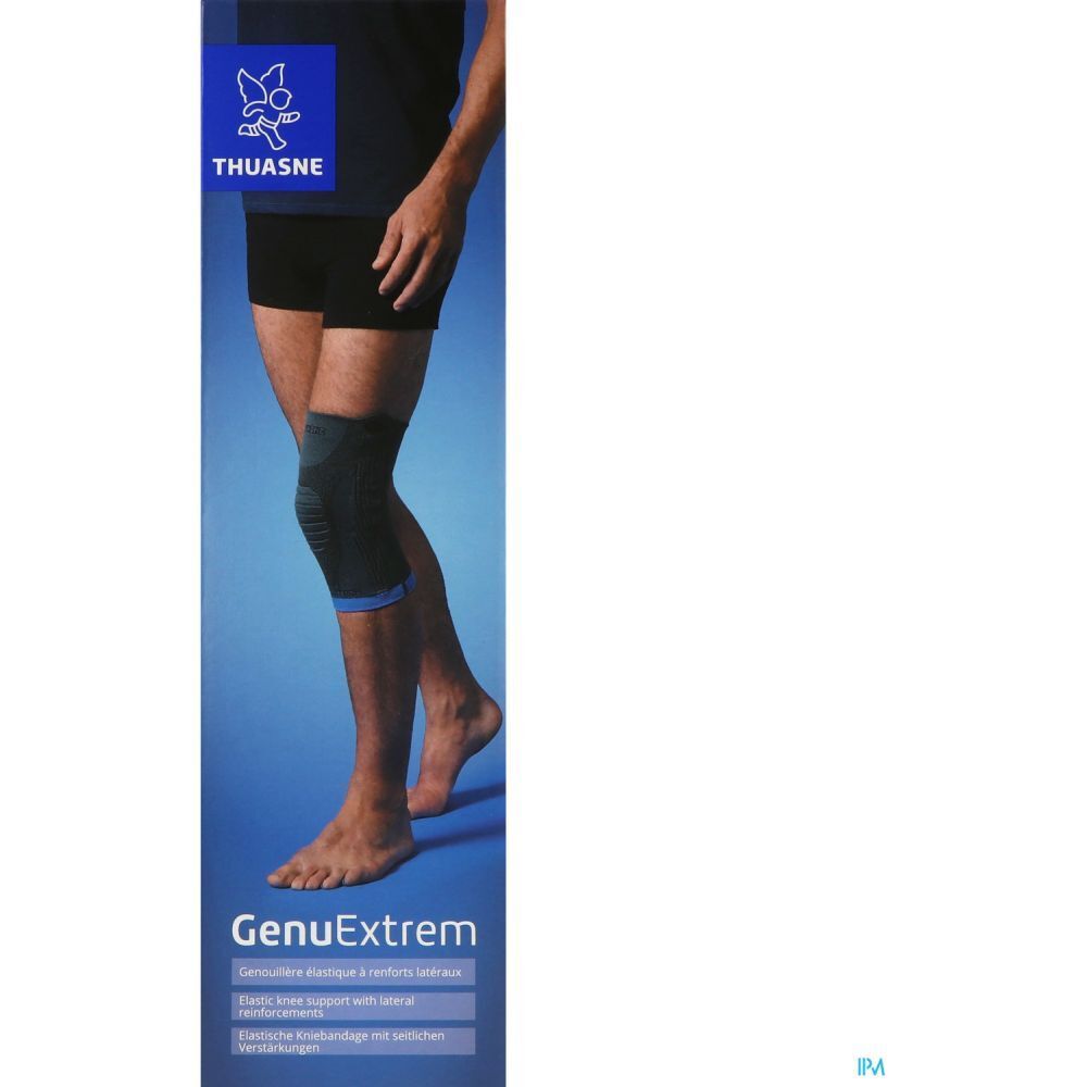 Emballage THUASNE GenuExtrem. Genouillère sur une jambe. Inscriptions GenuExtrem et THUASNE. Tons bleus et gris.
