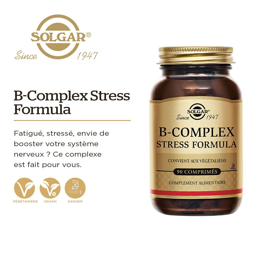 Visuel du produit avec texte : B-Complex Stress Formula. Logos : Vegan, Kasher.