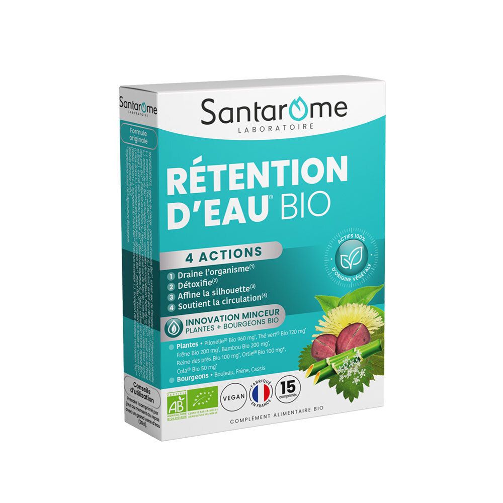 Boîte SANTAROME Bio Rétention d'eau. Ingrédients et logo. 4 actions : drainage, détoxification, silhouette, circulation. Certifié AB, Vegan.