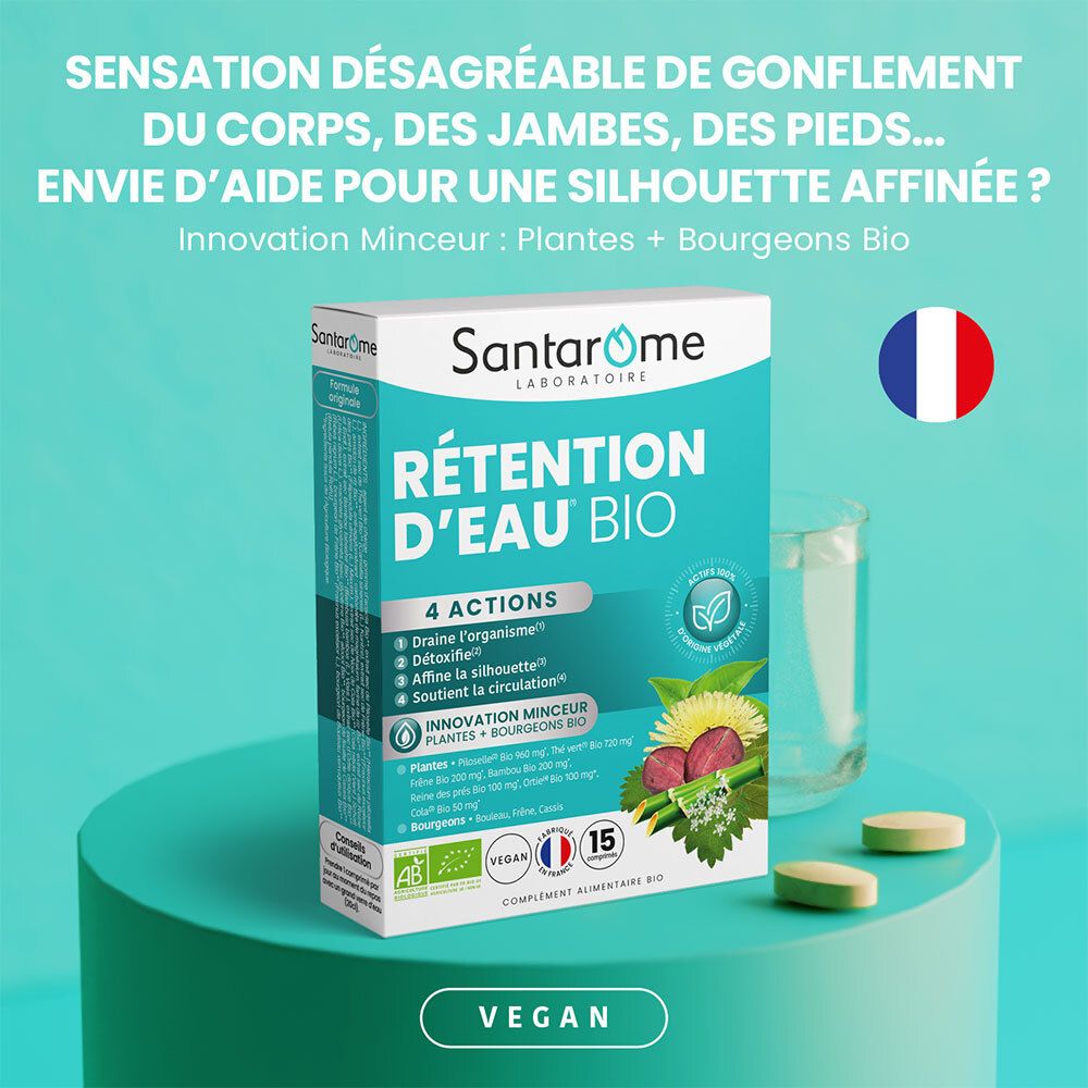 Boîte SANTAROME Bio Rétention d'eau, verre d'eau, comprimés. Drapeau français. Label Vegan.