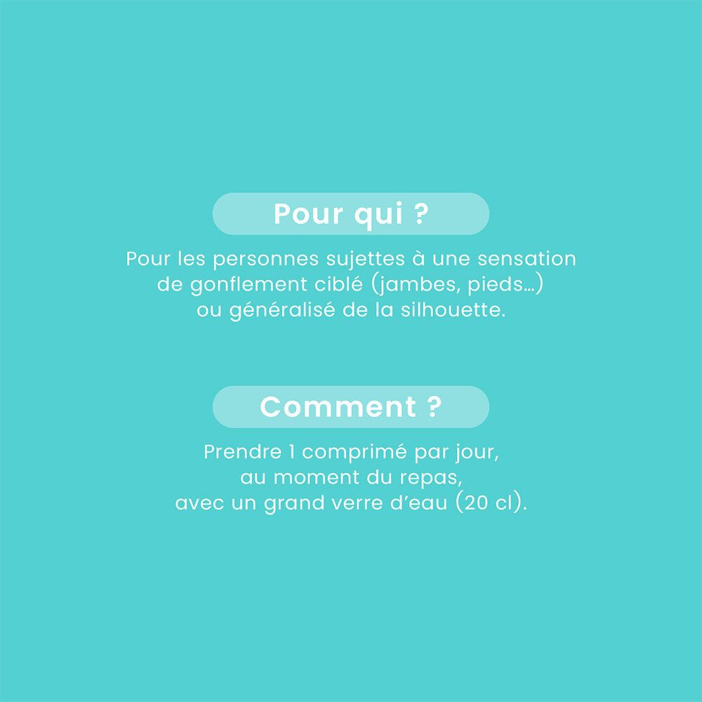 Texte : Pour qui ? Pour personnes sujettes à gonflements. Comment ? 1 comprimé par jour avec un verre d'eau (20 cl).