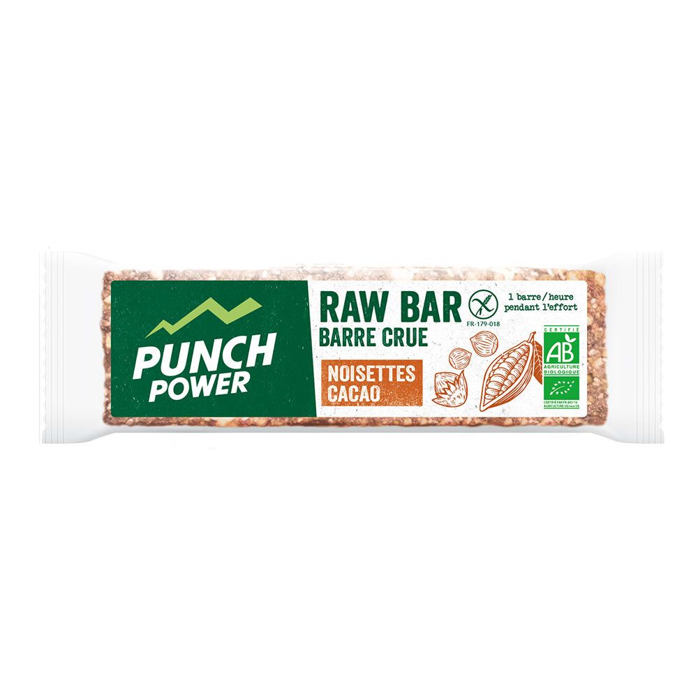 Barre crue emballée. Inscription: RAW BAR, Barre crue, Noisettes Cacao. Logo: Punch Power. Label bio.