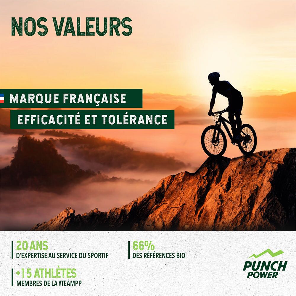 Silhouette d'un cycliste sur une montagne. Texte: Marque Française, Efficacité et Tolérance. Logo: Punch Power. 20 ans, +15 athlètes.