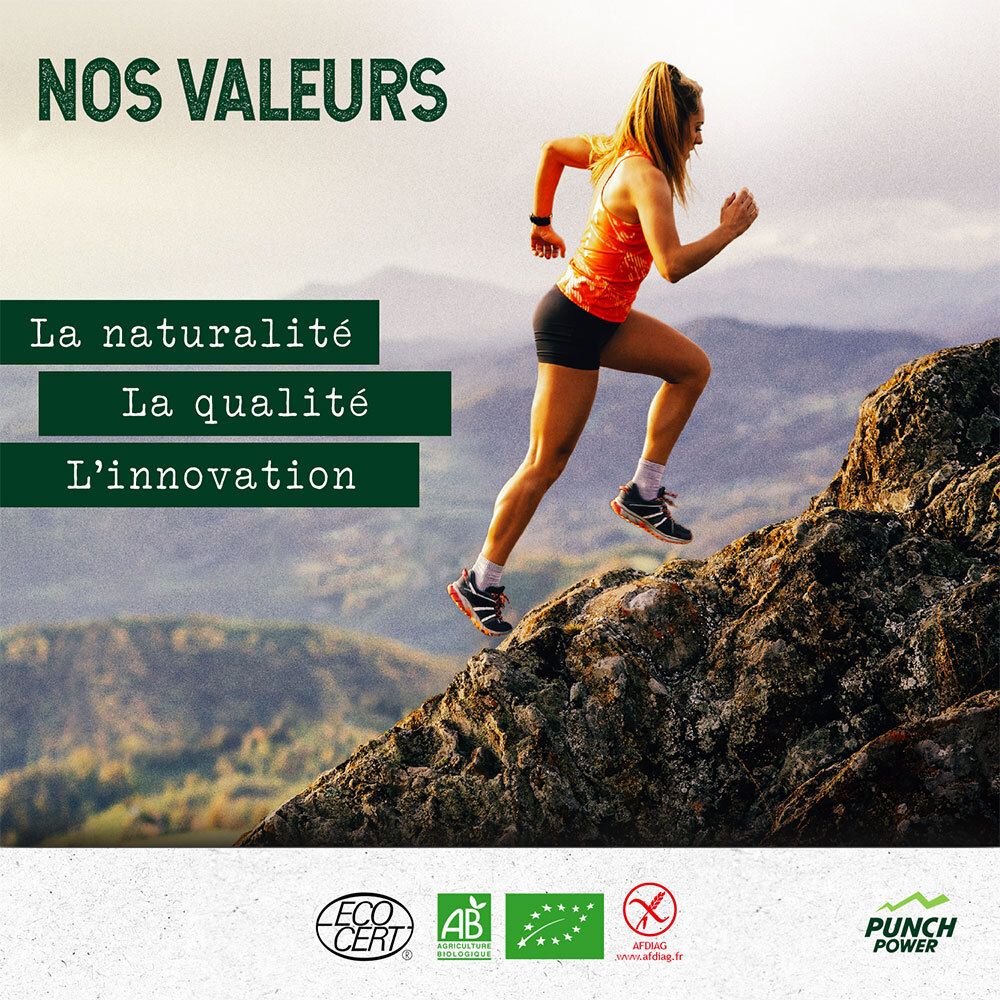 Coureuse sur une montagne. Texte: La naturalité, La qualité, L'innovation. Logos: Eco Cert, AB, Bio. Logo: Punch Power.