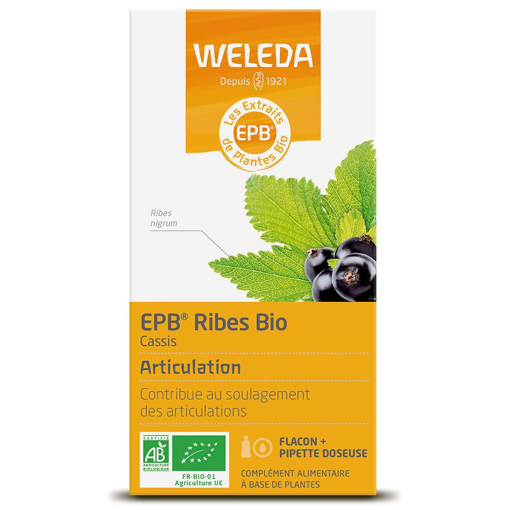 Boîte avec étiquette du produit. Contient WELEDA EPB® Ribes Bio Articulation. Avec label bio et pipette doseuse.