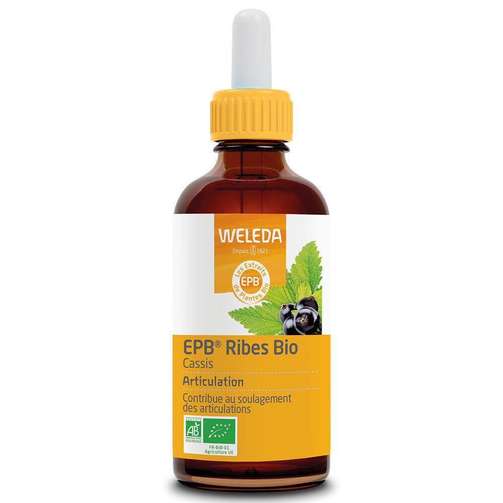 Flacon en verre brun avec étiquette jaune. Contient WELEDA EPB® Ribes Bio Articulation. Avec pipette et label bio.