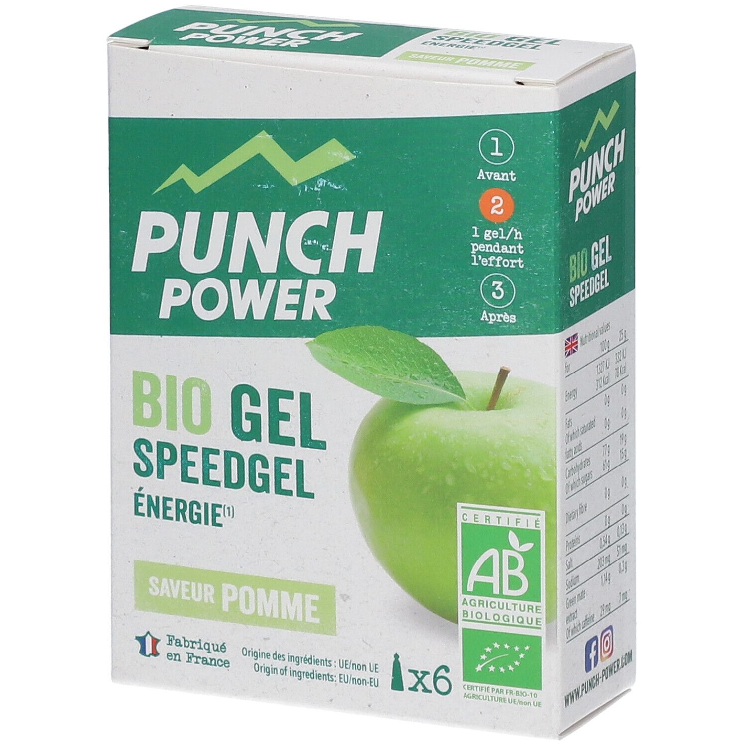 PUNCH POWER Bio Gel Speedgel Pomme : boîte de 6 gels, label bio, visuel pomme.