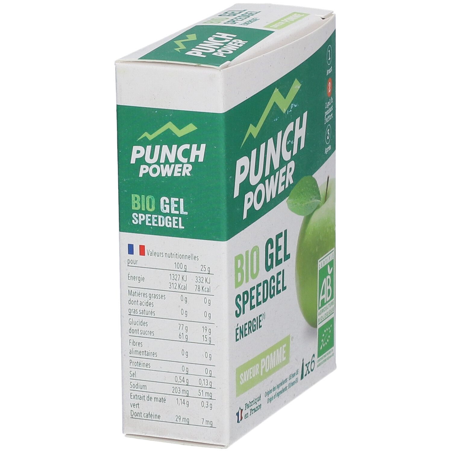 PUNCH POWER Bio Gel Speedgel Pomme : vue latérale avec valeurs nutritionnelles et label bio.