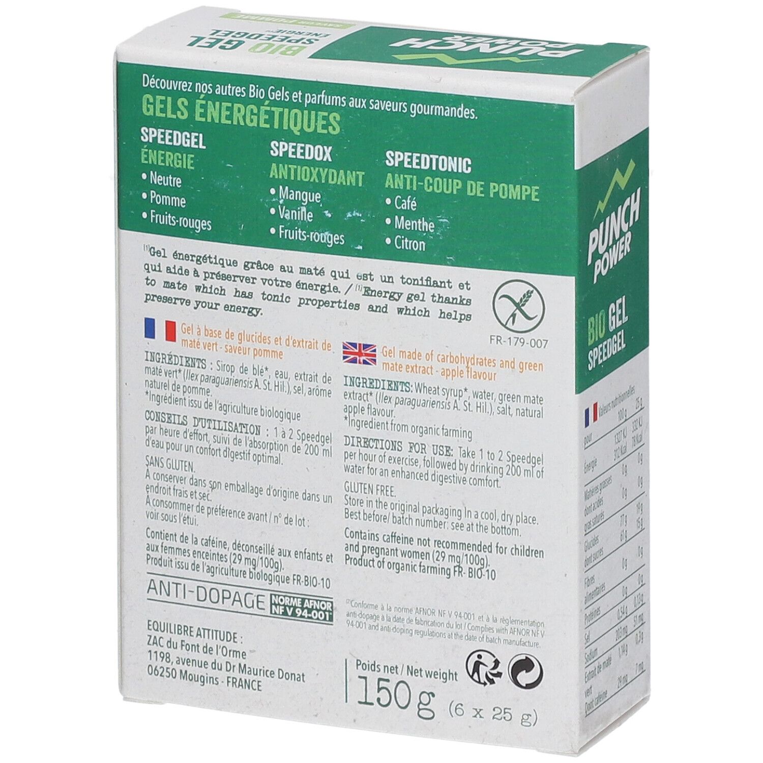 PUNCH POWER Bio Gel Speedgel Pomme : dos avec instructions d'utilisation, ingrédients et label bio.