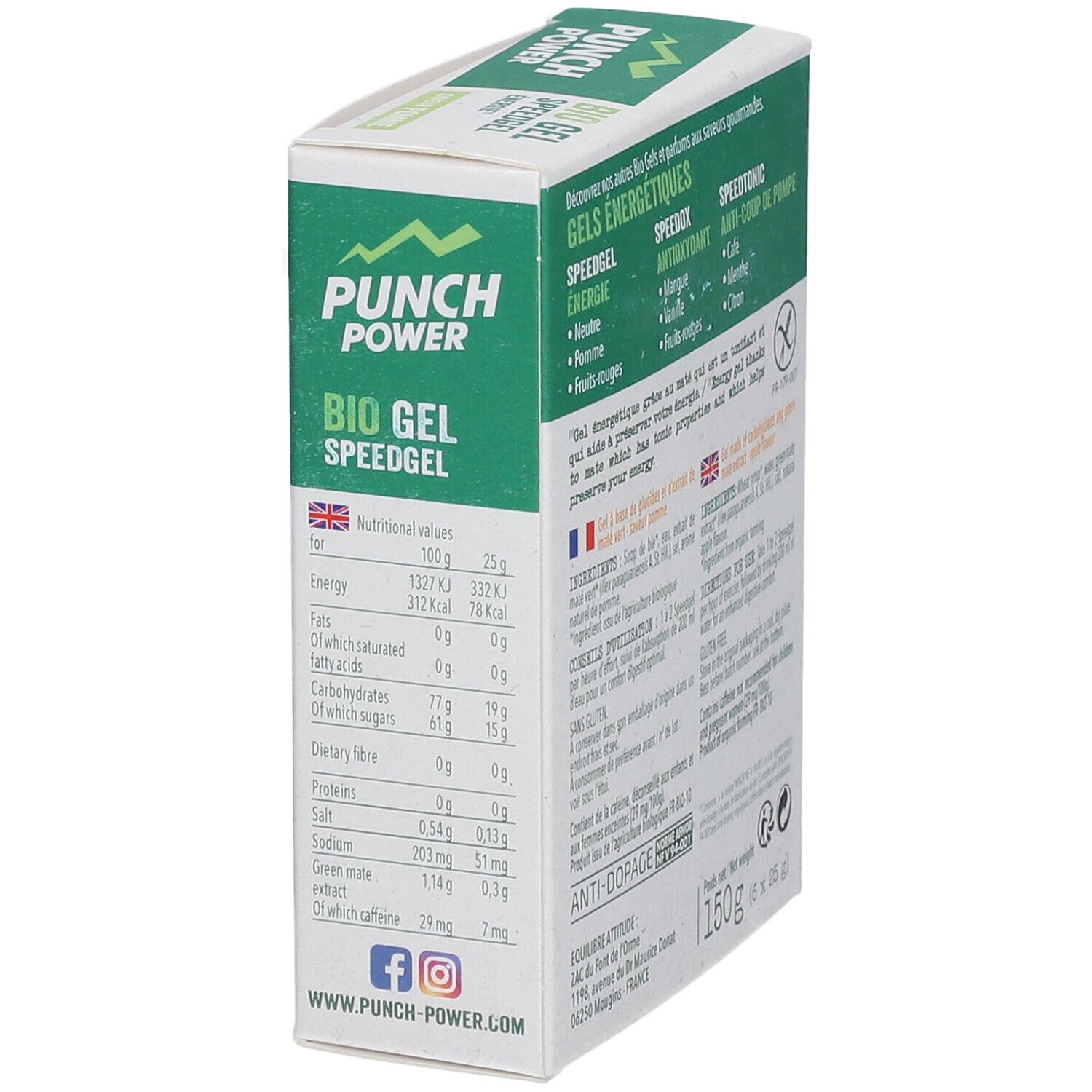 PUNCH POWER Bio Gel Speedgel Pomme : vue latérale avec valeurs nutritionnelles, site web et label bio.