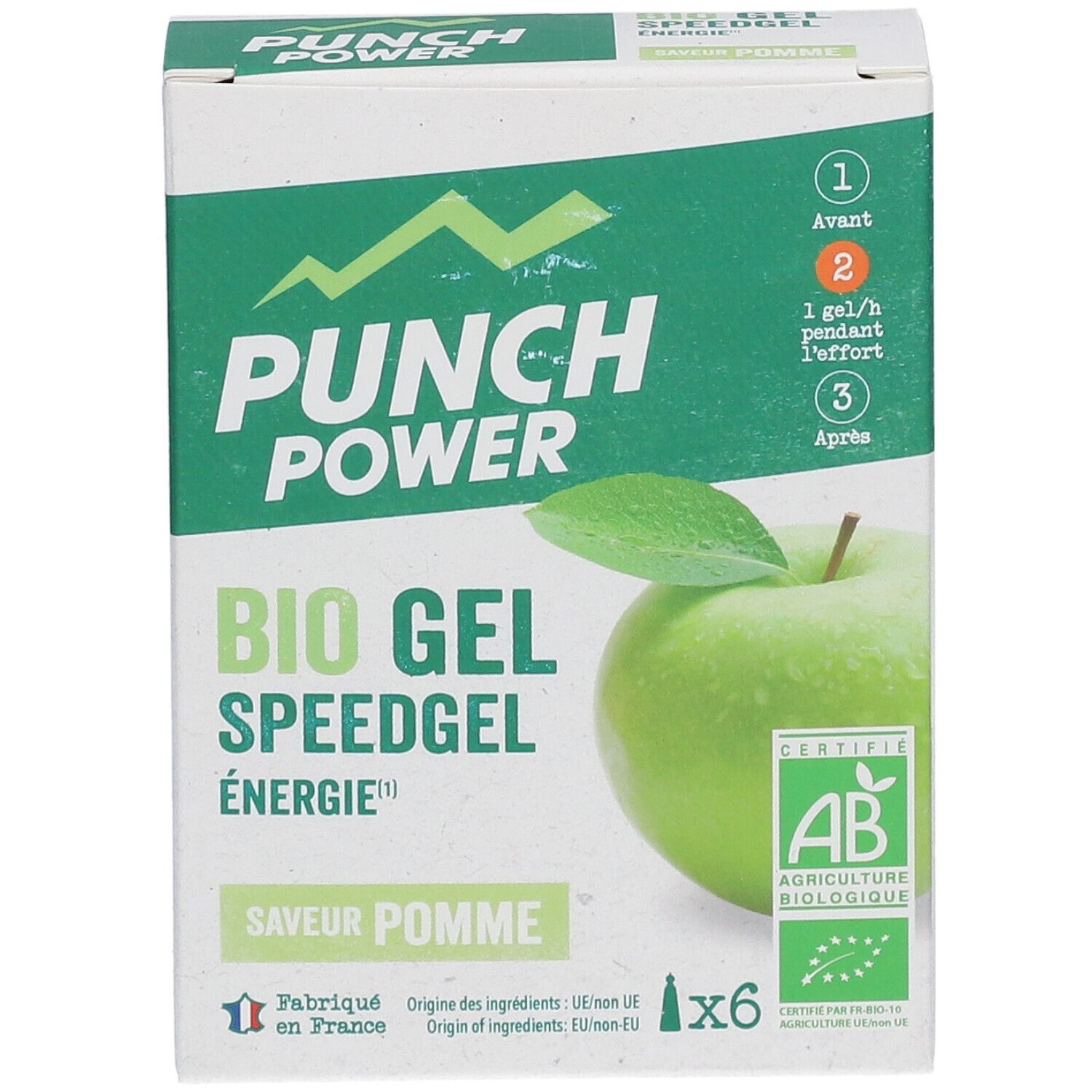 PUNCH POWER Bio Gel Speedgel Pomme : face avant avec étapes d'application, label bio et visuel pomme.