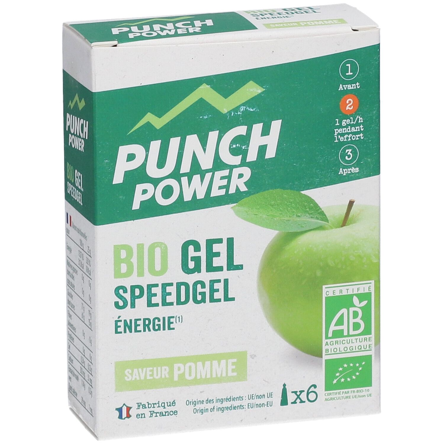 PUNCH POWER Bio Gel Speedgel Pomme : boîte de 6 gels, label bio, visuel pomme et étapes d'application.