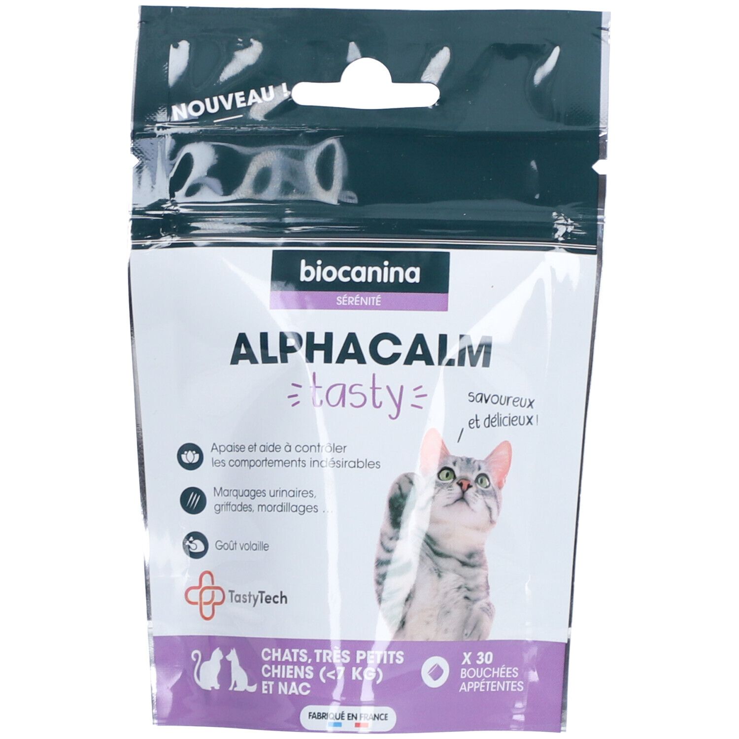Sachet "Alphacalm Tasty" Biocanina. 30 bouchées appétentes pour chats, petits chiens et NAC. Inscription "Nouveau".