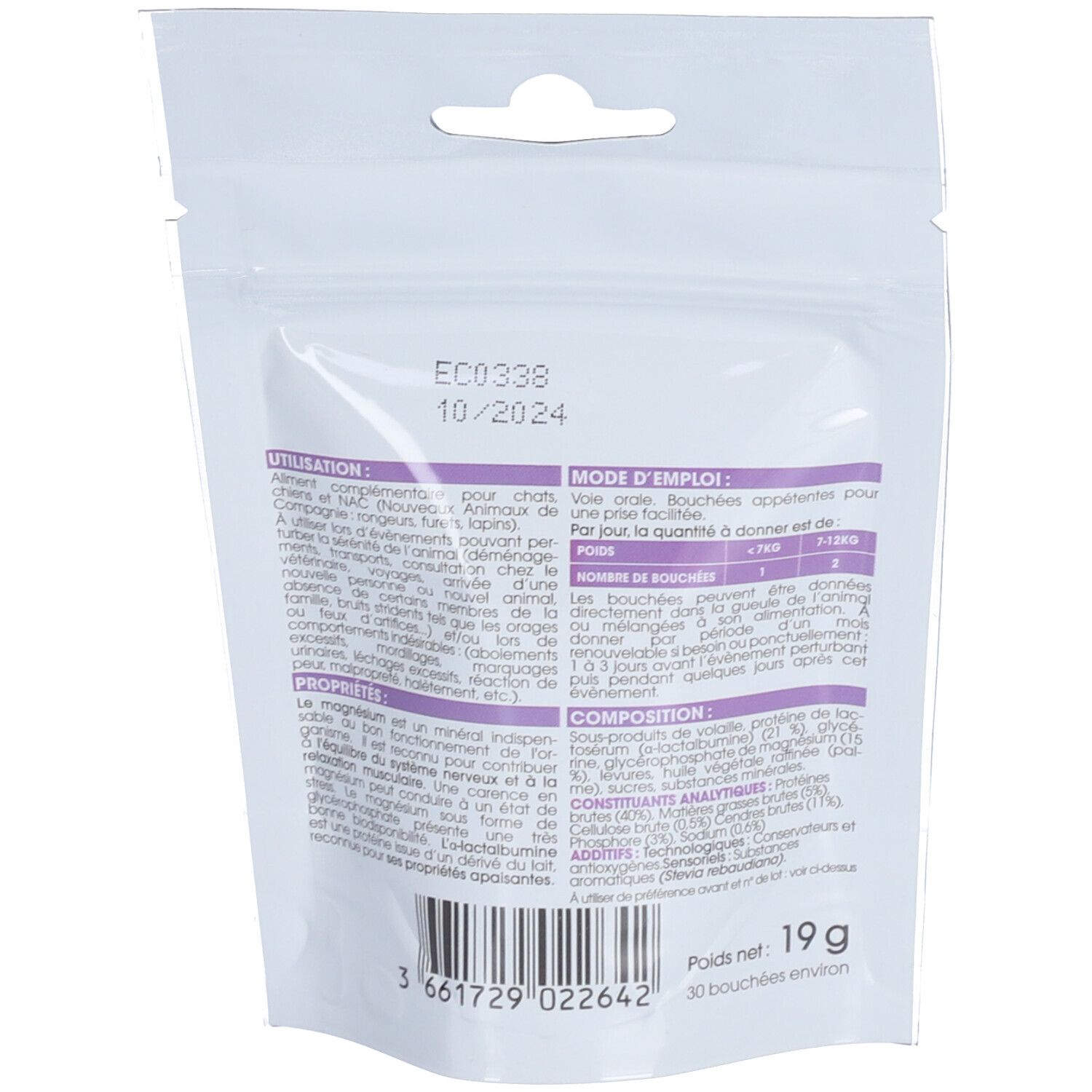 Dos du sachet "Alphacalm Tasty". Informations sur l'utilisation, la composition et l'analyse. Poids : 19g.