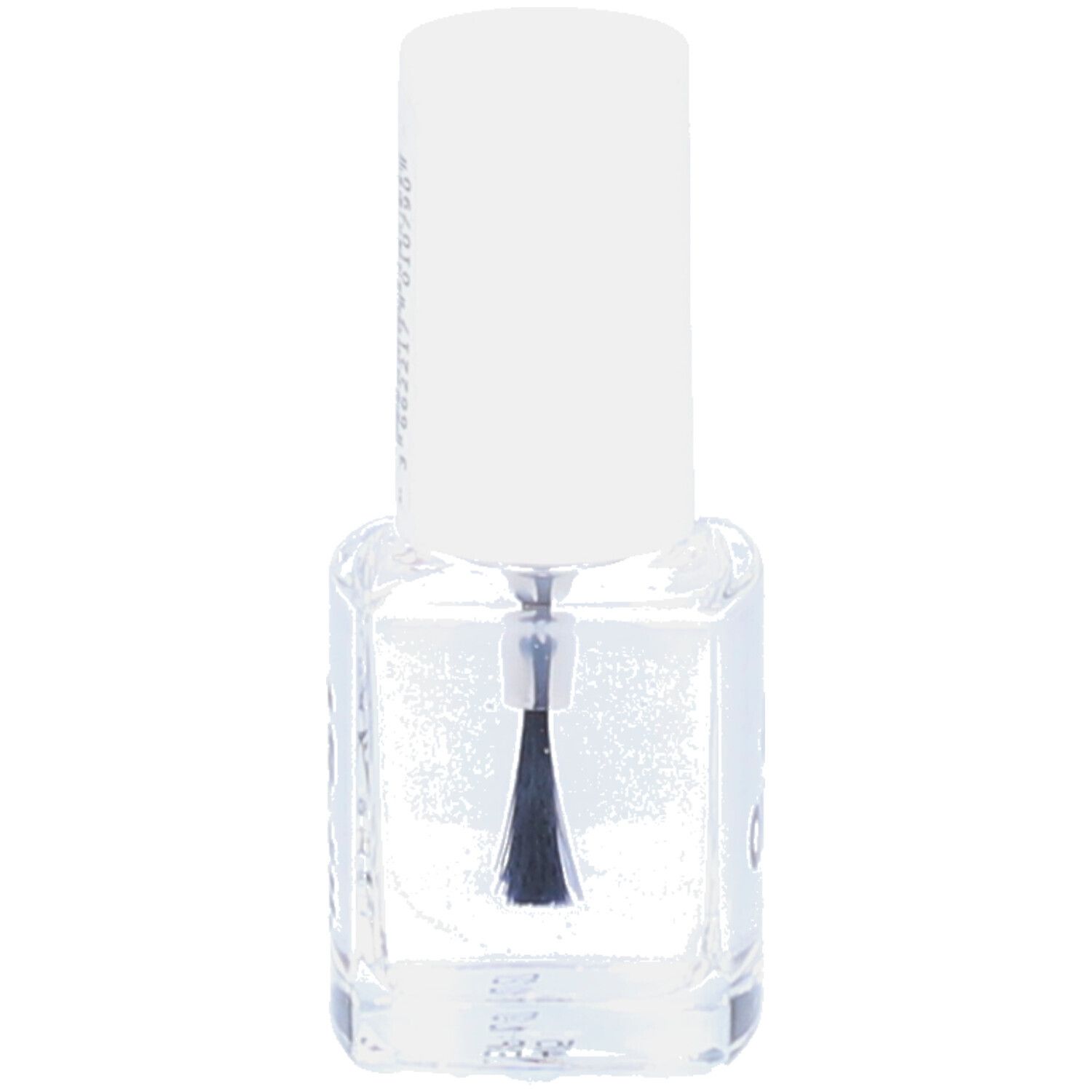 Vernis à ongles transparent dans un flacon carré en verre avec bouchon blanc. Le pinceau est visible.