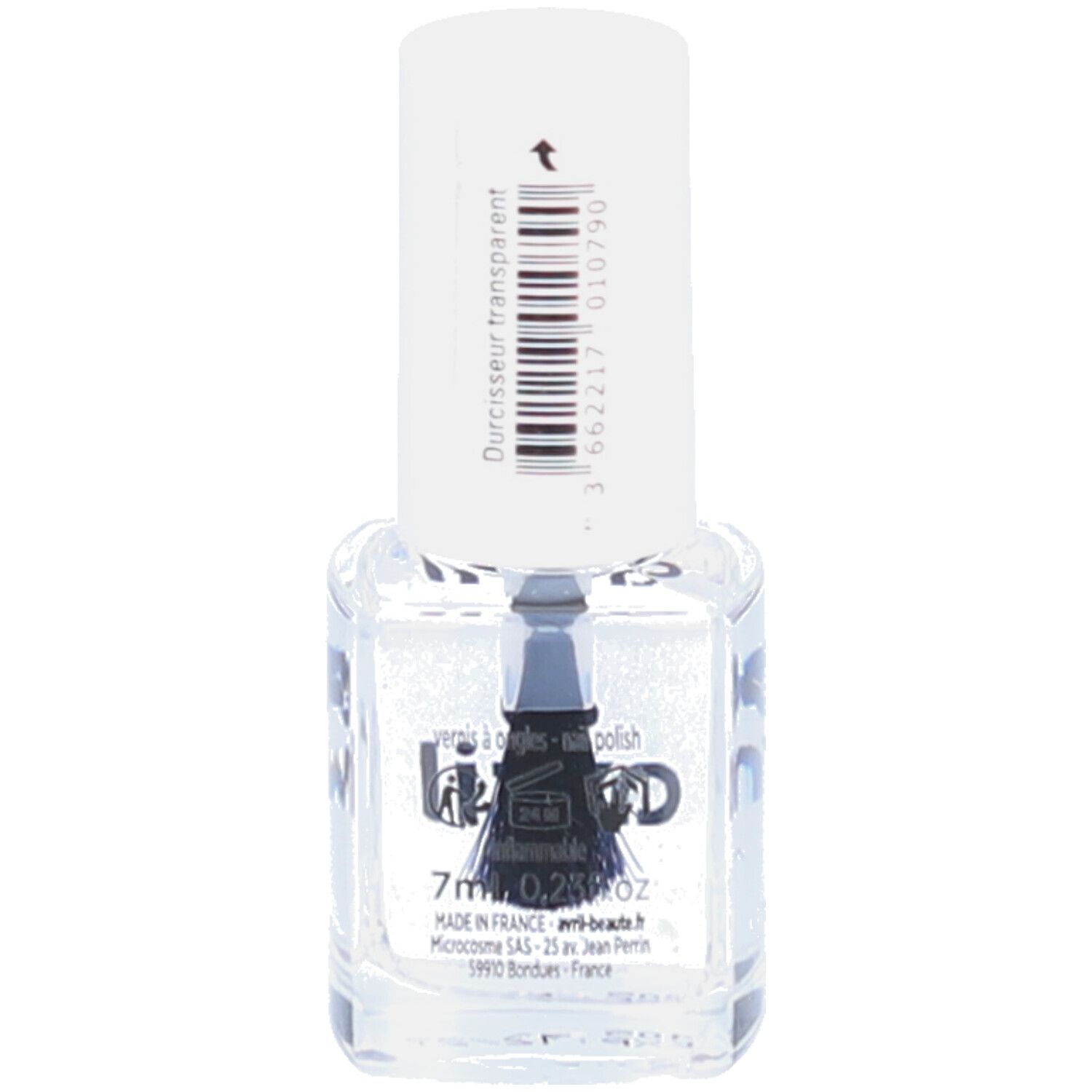Vernis à ongles transparent, flacon carré, bouchon blanc. Inscription: AVRIL. 7ml, 0,2% oz.