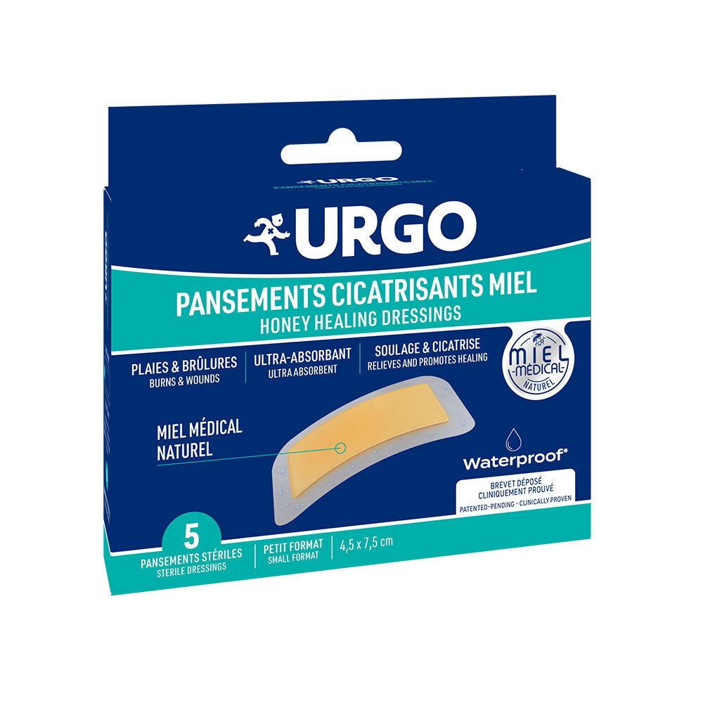 Boîte bleue et blanche URGO. Contient 5 pansements stériles, 4,5 x 7,5 cm. Inscription: Pansements Cicatrisants Miel.