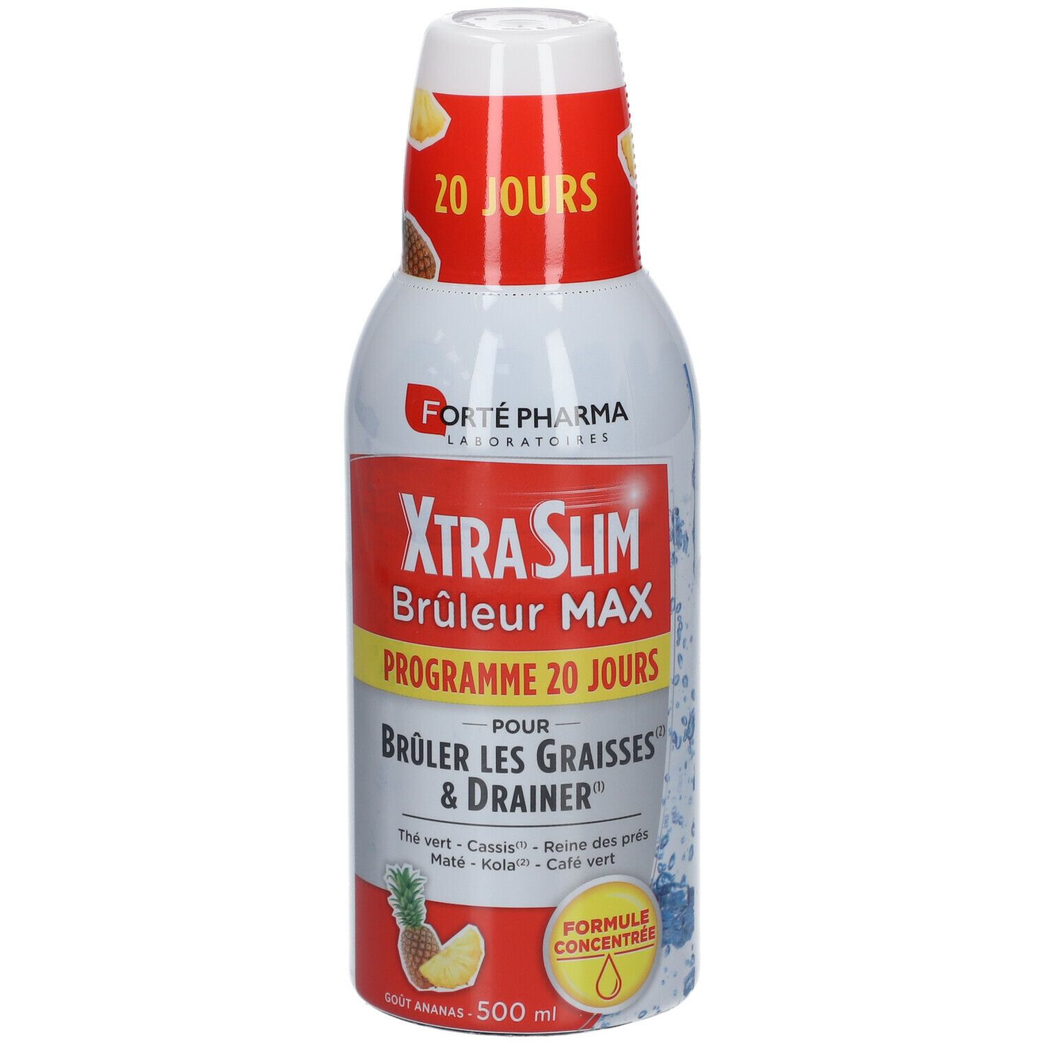 Bouteille Forté Pharma XTRASLIM BRÛLEUR MAX. Étiquette rouge avec texte. Contient 500 ml. Goût ananas. Programme 20 jours.