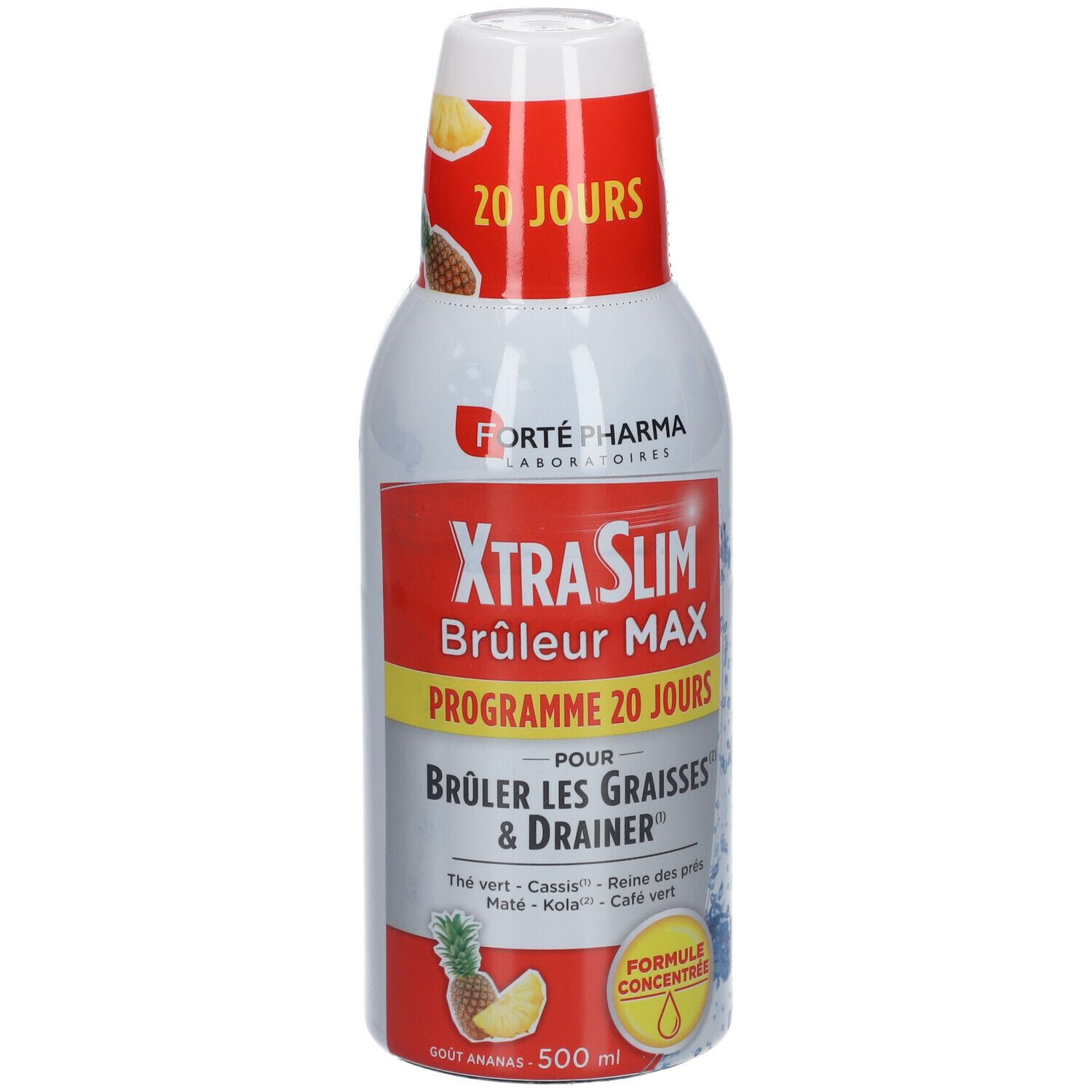 Bouteille Forté Pharma XTRASLIM BRÛLEUR MAX. Étiquette rouge avec texte. Contient 500 ml. Goût ananas. Programme 20 jours.