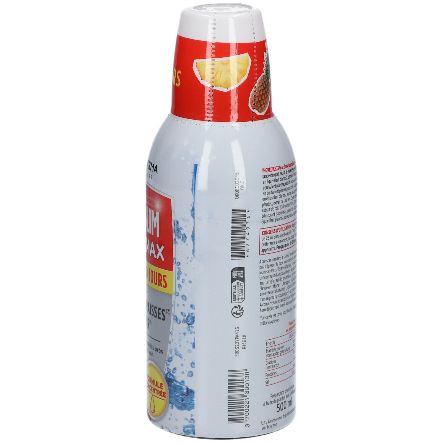Bouteille Forté Pharma XTRASLIM BRÛLEUR MAX, vue latérale. Étiquette rouge avec texte. Décoration ananas et citron sur le col. 500 ml.