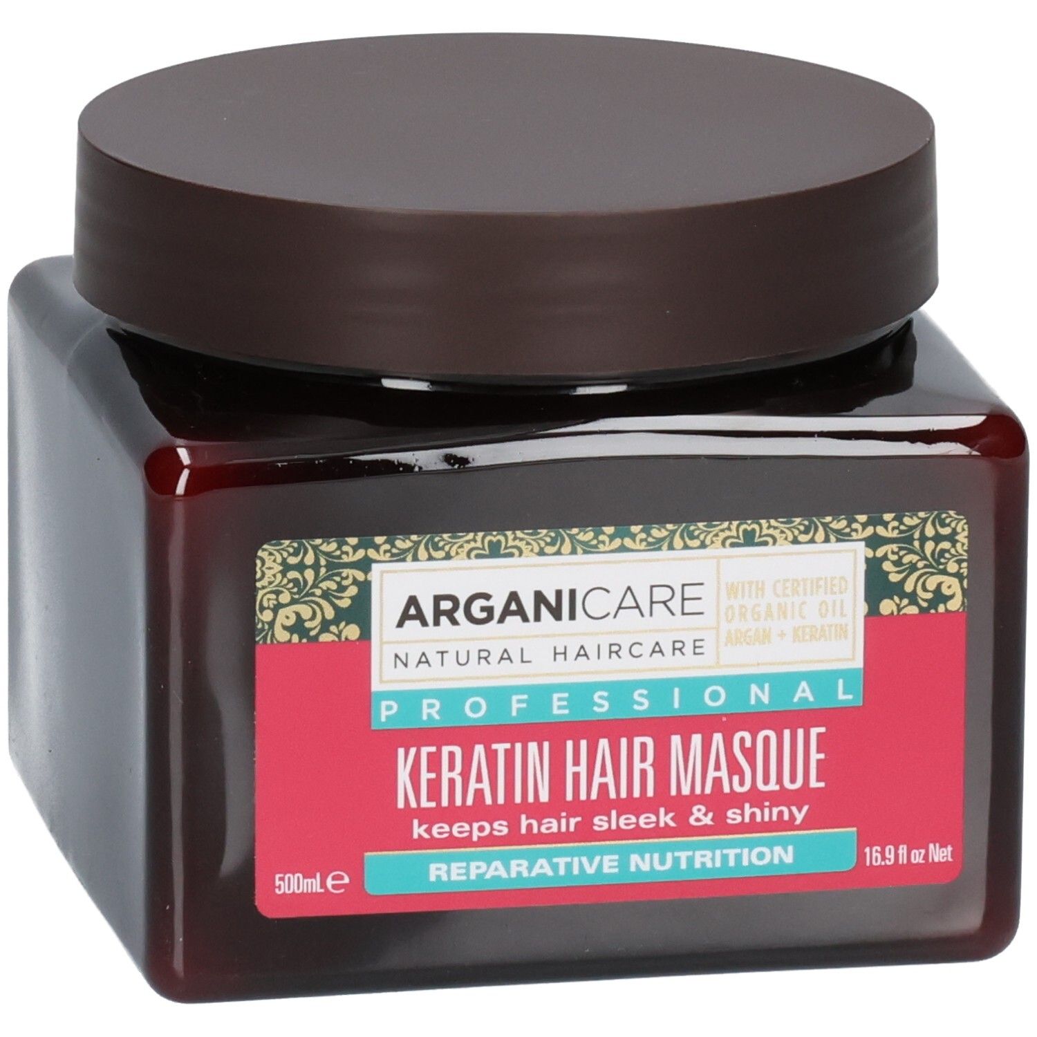 Masque capillaire à la kératine Arganicare dans un pot brun avec couvercle brun. Étiquette avec informations produit.