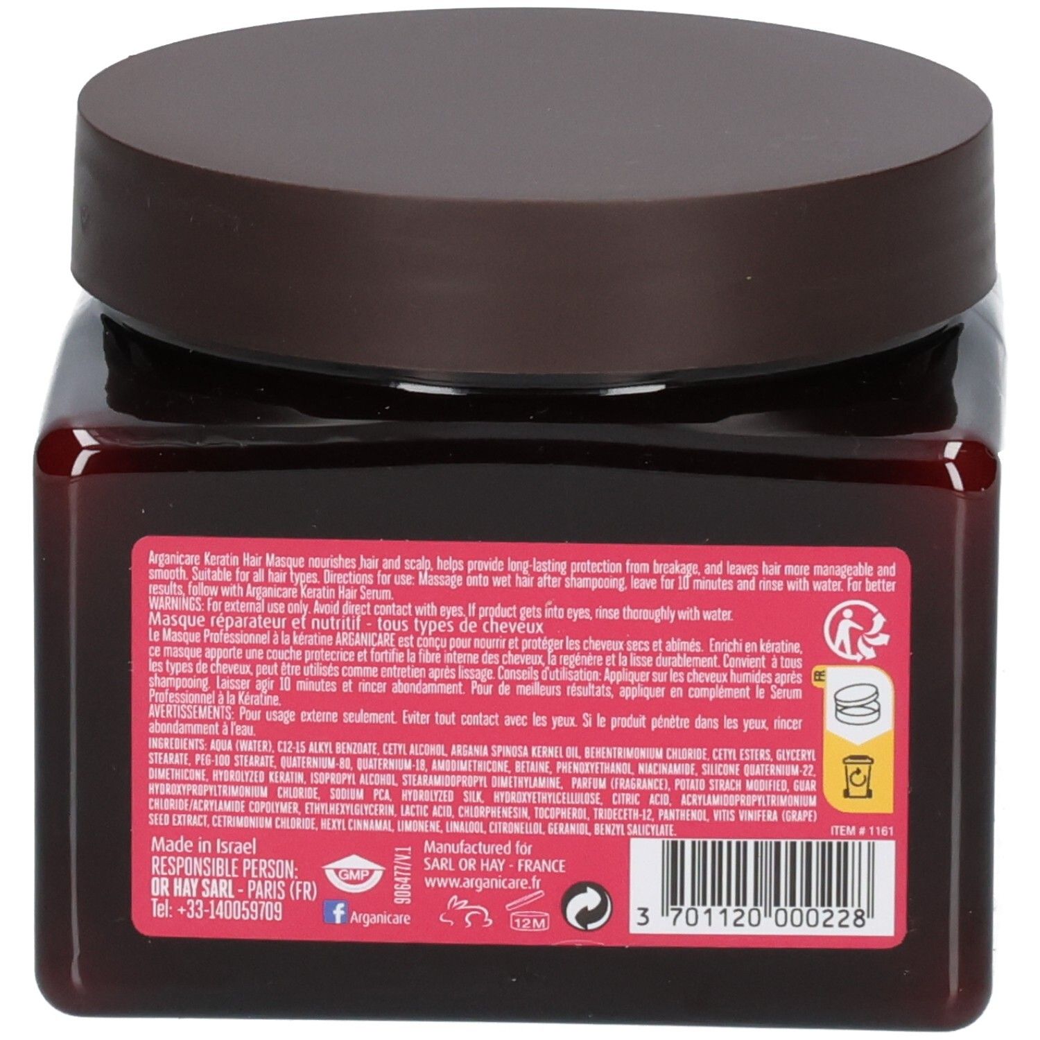 Arrière d'un pot brun de Masque capillaire à la kératine Arganicare. Contient des informations détaillées sur le produit et les ingrédients.
