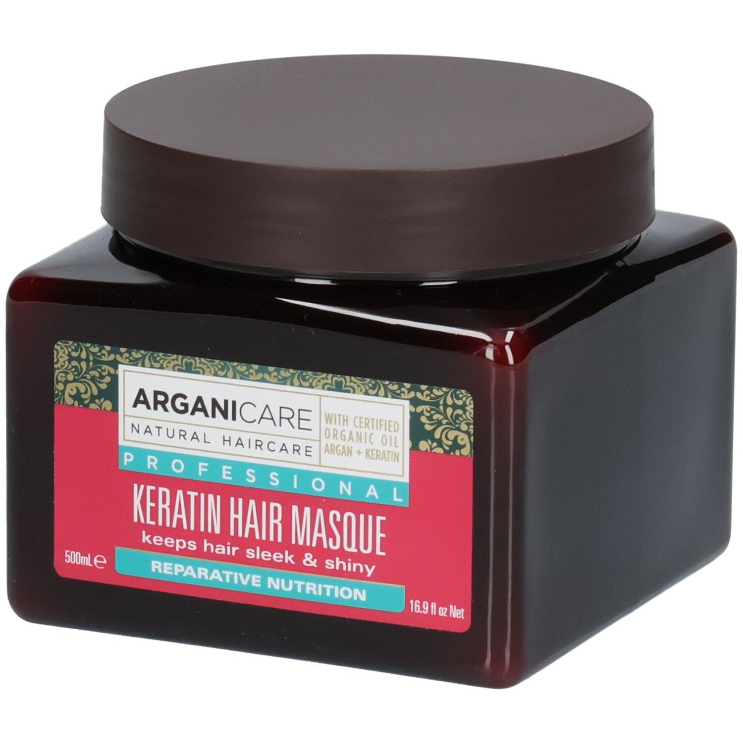 Masque capillaire à la kératine Arganicare dans un pot brun avec couvercle brun. Étiquette avec informations produit.