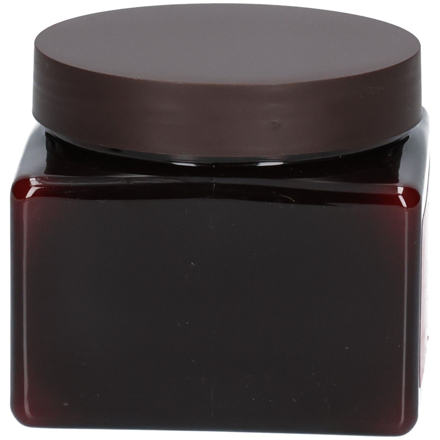 Un pot brun vide avec un couvercle brun, qui contenait le Masque capillaire à la kératine Arganicare.